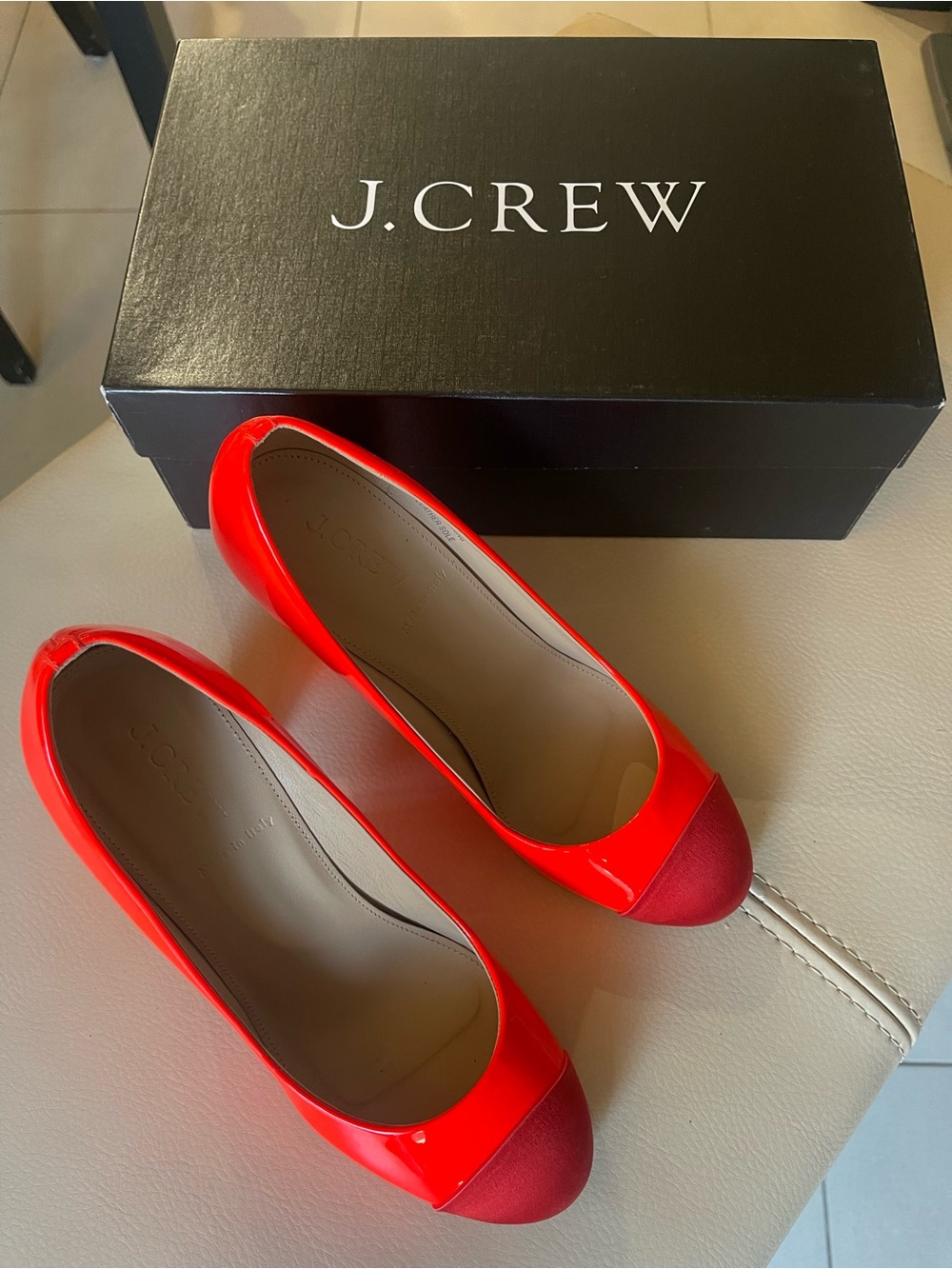 J. Crew Bright Red Patent Flats with Dark Red Cap Toe